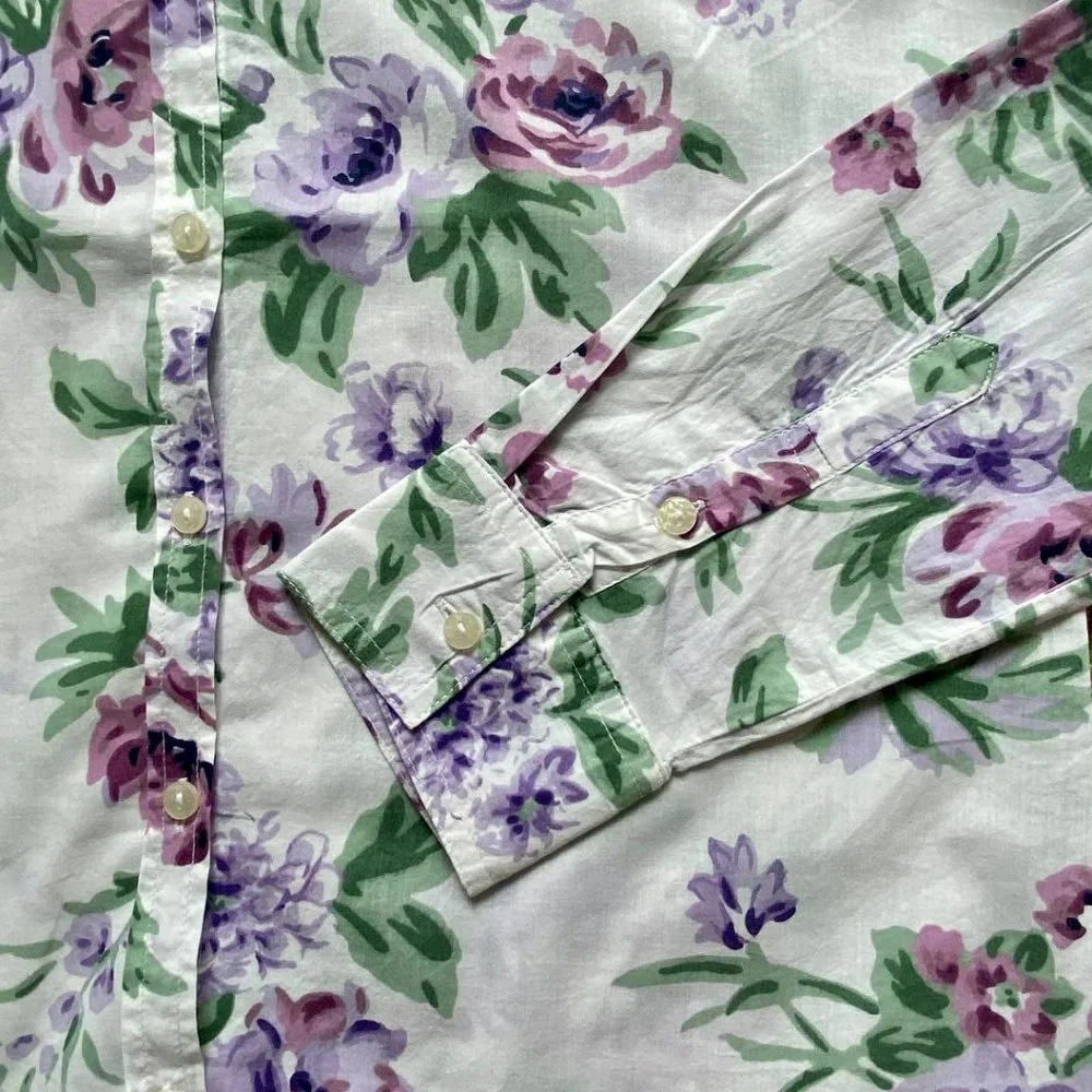 Benetton White and Purple Floral Long Sleeve Button-Down Shirt Size S - Picture 4 of 4